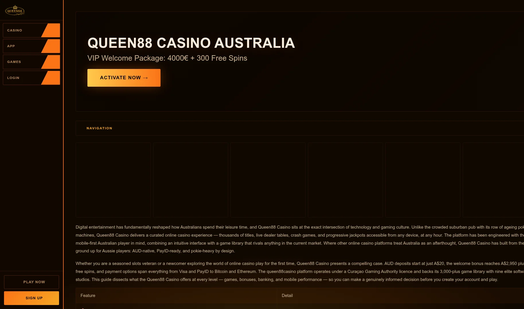 Queen88 Casino desktop interface with AUD account access and casino content