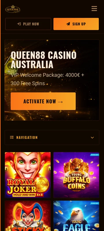 Queen88 Casino mobile interface with games, AUD banking and account features
